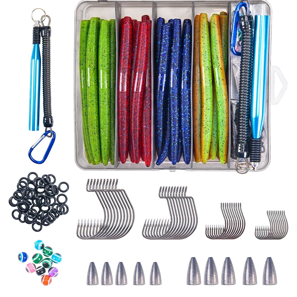 Goture-High Quality Senko-style Worm Soft Lure Set, Artificial Bait, High-Carbon Hook, 4in, 5in, 72PCs, 143PCs