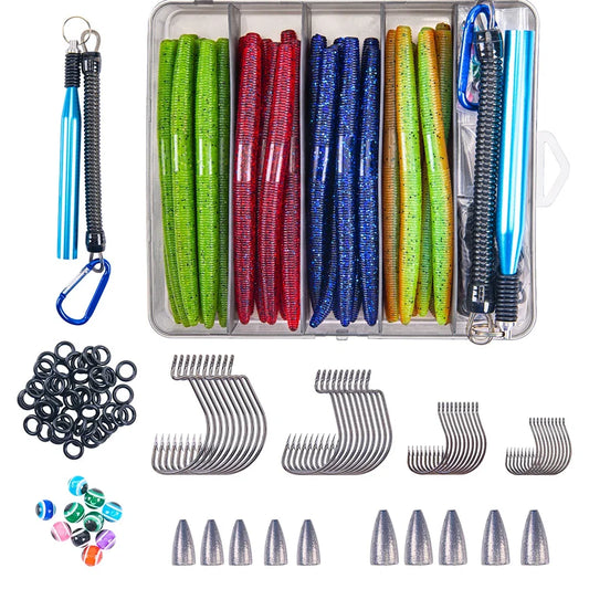 Goture-High Quality Senko-style Worm Soft Lure Set, Artificial Bait, High-Carbon Hook, 4in, 5in, 72PCs, 143PCs