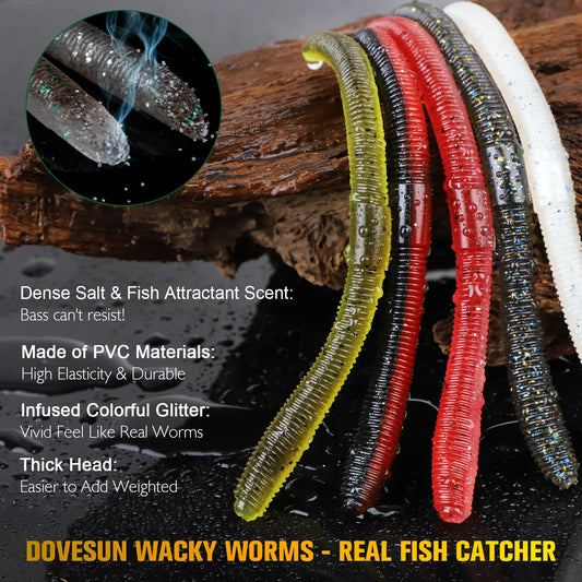Dovesun 50PCS Wacky Worm for Bass, Trout/ Fishing Worm Kit with Soft Plastic Baits