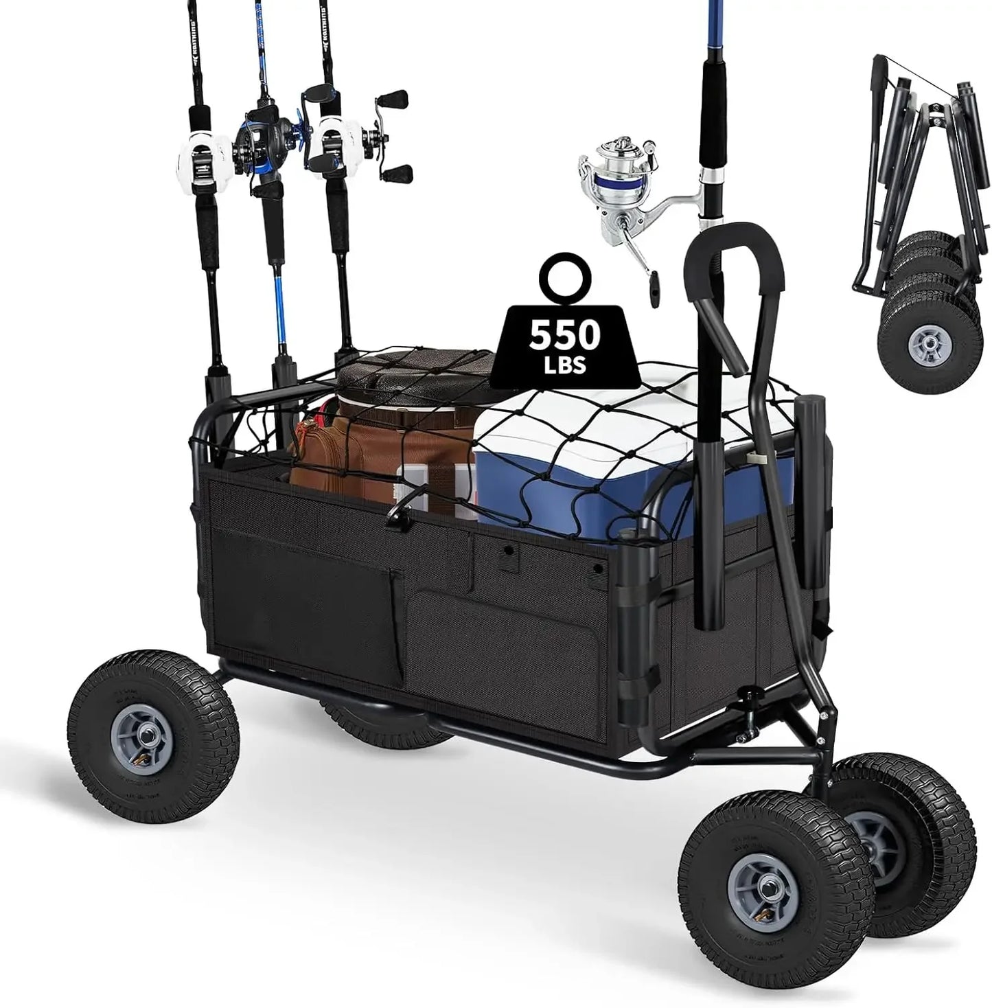 Fishing Cart Beach Cart Collapsible Wagon w/11'' All-Terrain Wheels for Sand, Heavy Duty Cart with Rod Holders