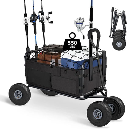 Fishing Cart Beach Cart Collapsible Wagon w/11'' All-Terrain Wheels for Sand, Heavy Duty Cart with Rod Holders