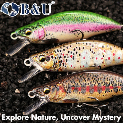 B&U Minnow Fishing Lure- Trout Pattern- Hard Bait, Assorted with Sharp Treble Hooks, Freshwater Lures for Bass, Trout, Pike