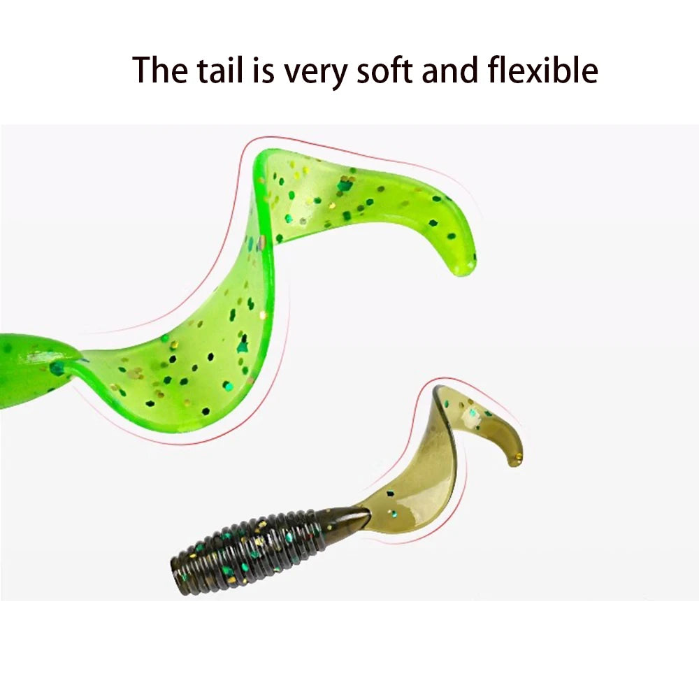 20PCS Silicone Grub 35mm 50mm 60mm 70mm Soft Lure Single Curly Tail Worm-- Bass, Carp, Trout, Walleye, Pike, and all predators