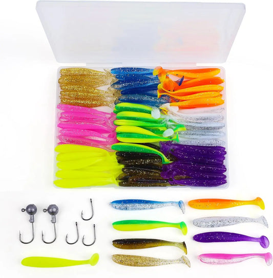 Soft Fishing Lures Kit: 90pcs Plastic Baits with 5 Fishhooks, Paddle Tail Swimbaits- for Bass, Trout, Walleye, Crappie