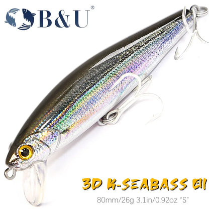 B&U 80mm Sinking Minnow/Jerkbait-for Saltwater- Sea Bass, Redfish, Weakfish, Tarpon, Snapper & other Big Predators