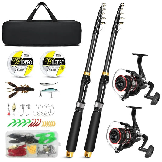 Fishing Rod and Reel Combo, 2PCS Telescopic Carbon Fiber Fishing Rod, Spinning Reels 2, Fishing Line 2, Fishing Hooks Bait Set,