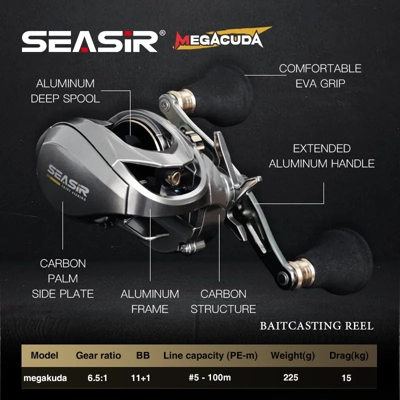 Seasir Megacuda Baitcasting Reel- Drag 15KG, Deep Spool 6.5:1, Aluminum Frame, Carbon Side, Double Handle, Metal Reel