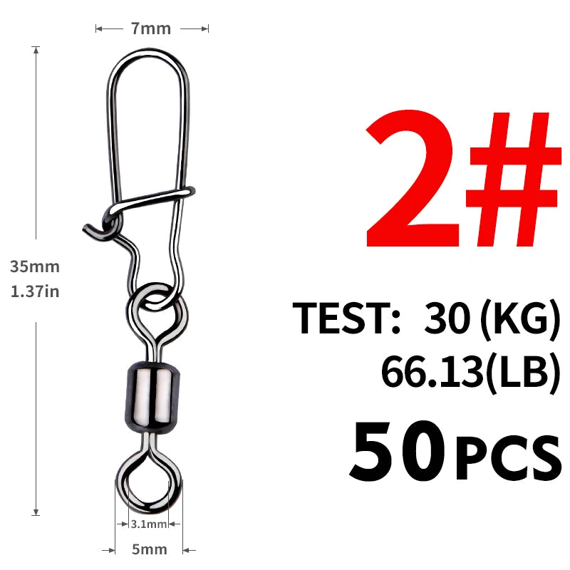 MEREDITH Fishing Connector 50PCS/Lot 2# 4# 6# 8# 10#  Bearing  Swivel, Stainless Steel With Snap