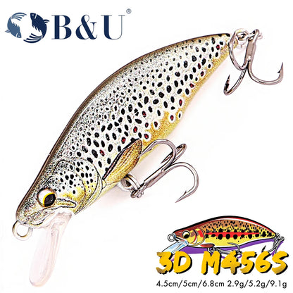 B&U Minnow Fishing Lure- Trout Pattern- Hard Bait, Assorted with Sharp Treble Hooks, Freshwater Lures for Bass, Trout, Pike