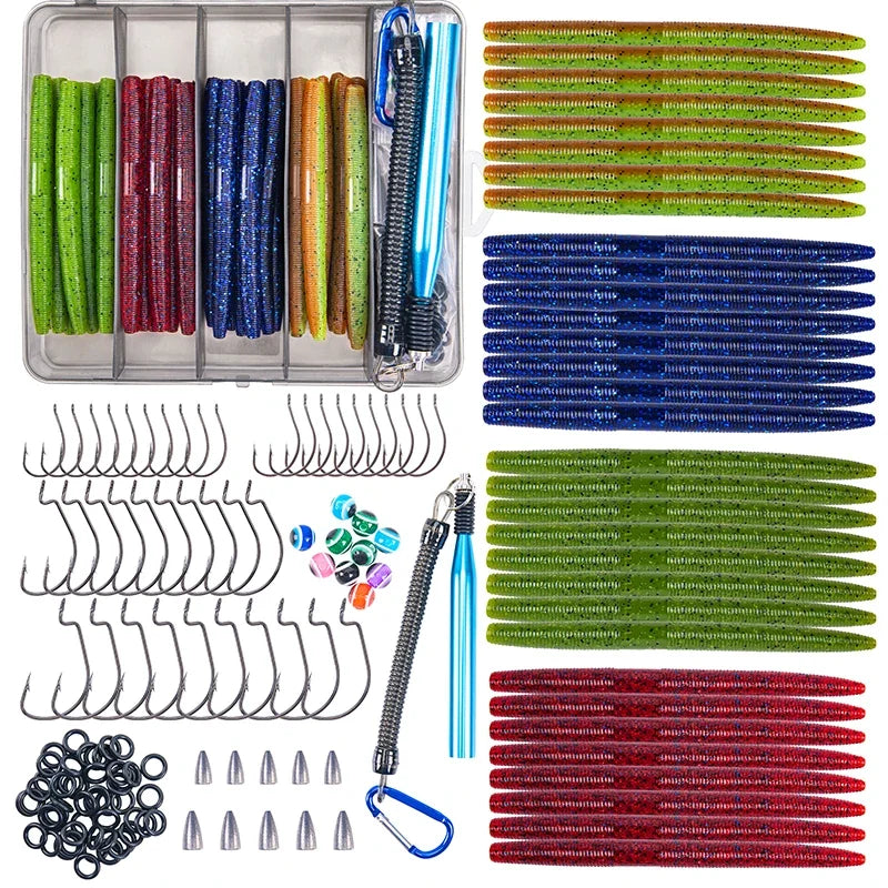Goture-High Quality Senko-style Worm Soft Lure Set, Artificial Bait, High-Carbon Hook, 4in, 5in, 72PCs, 143PCs