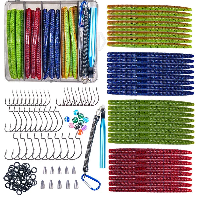 Goture-High Quality Senko-style Worm Soft Lure Set, Artificial Bait, High-Carbon Hook, 4in, 5in, 72PCs, 143PCs