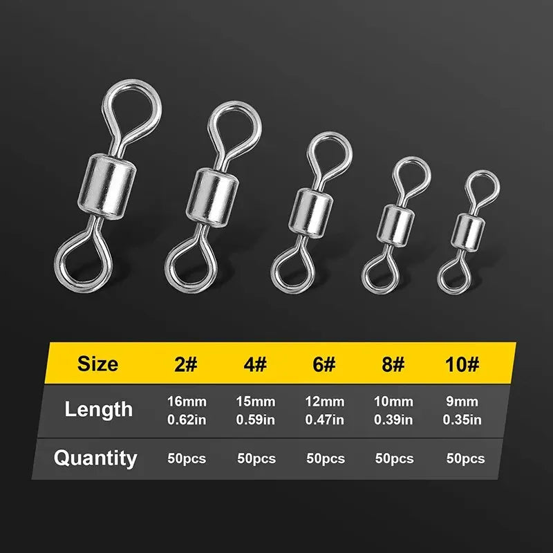 250pcs/Set Fishing Connector 2 4 6 8 10 Fishing Barrel Bearing Rolling Swivel Solid Ring