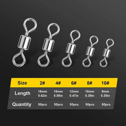 250pcs/Set Fishing Connector 2 4 6 8 10 Fishing Barrel Bearing Rolling Swivel Solid Ring