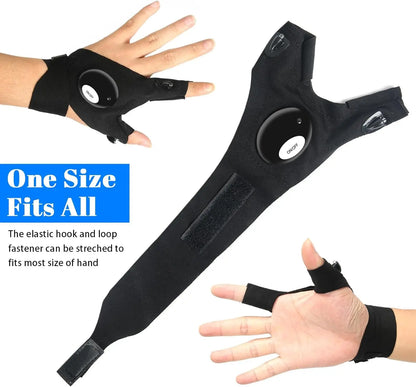 LED Half Finger Glove for Men or Women - Waterproof- Night Fishing , Cycling, Running-  Flashlight Durable Fingerless Gloves