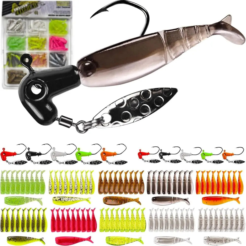 110+80pcs Crappie Fishing Kit: Underspin Jigs, Soft Grubs & Swimbaits for Fresh & Saltwater, especially Panfish