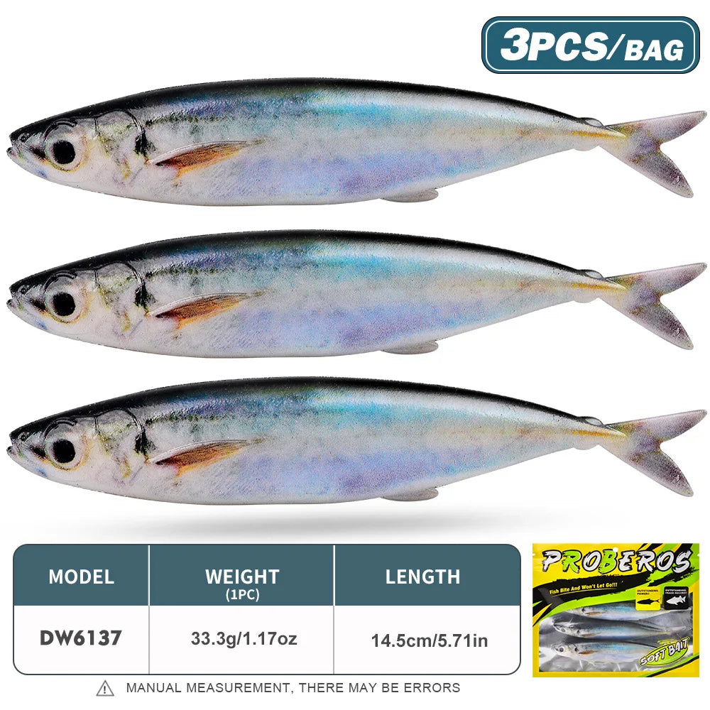 3PCS 14.5cm 33g Mackerel , Soft Bait,  Weightless Wacky & Neko Rig for Saltwater- Slow Sinking Fluke for Sea Bass, Tuna