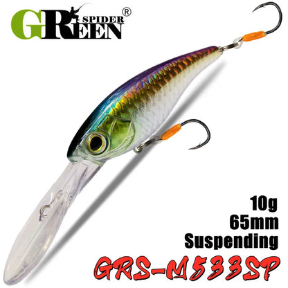 GREENSPIDER Suspending Crankbait-Minnow/ 65mm 10g Shad Hard Bait, Deep Diver, Depth 1.5m / Long Casting
BASS, PIKE, TROUT, WALLEYE, SALMON