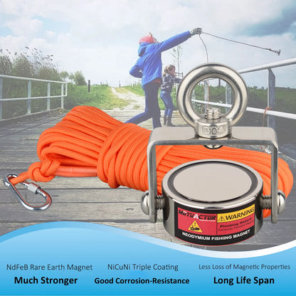 Rotatable TWO side Fishing Magnet Set140KG, 180KG, 300KG,  Heavy Duty Neodymium Rare Earth Swivel Magnet with 65Ft Cord