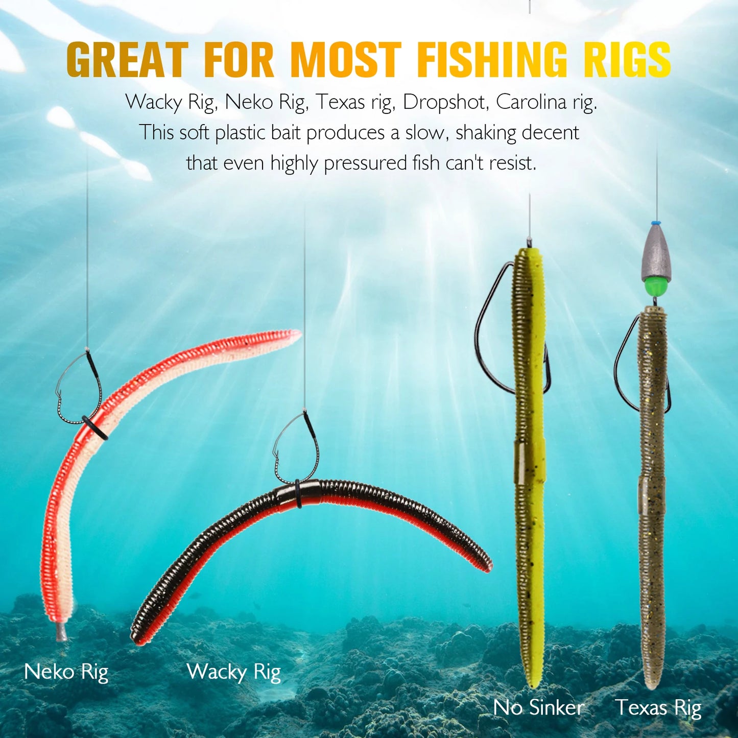 Dovesun 50PCS Wacky Worm for Bass, Trout/ Fishing Worm Kit with Soft Plastic Baits