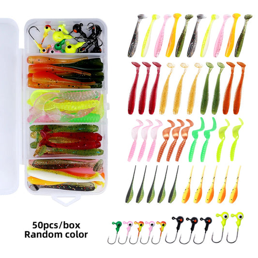 40pcs Soft Fishing Lures Kit with 10pcs Jig Head Hook Soft Bait T Tail Worm -for Carp, Pike, Zander, Bass, Trout, Walleye
