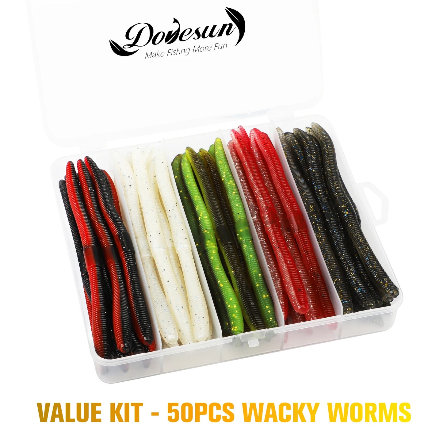 Dovesun 50PCS Wacky Worm for Bass, Trout/ Fishing Worm Kit with Soft Plastic Baits