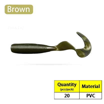 20PCS Silicone Grub 35mm 50mm 60mm 70mm Soft Lure Single Curly Tail Worm-- Bass, Carp, Trout, Walleye, Pike, and all predators