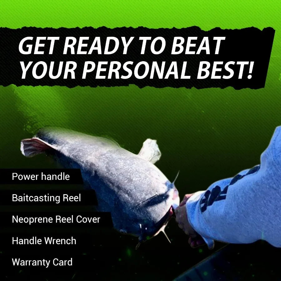 Heavyweight Champions Catfish Baitcaster Reel Round with Loud Bait Clicker, Steel Bearings, Carbon Disc Drag ,all  species