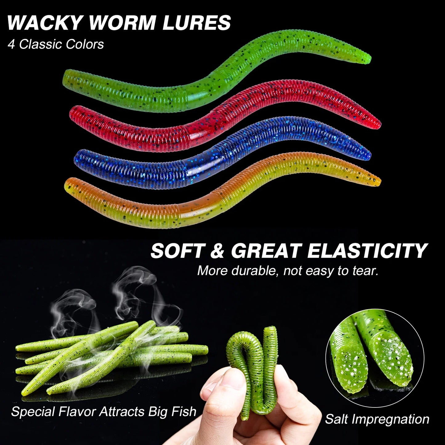 Goture-High Quality Senko-style Worm Soft Lure Set, Artificial Bait, High-Carbon Hook, 4in, 5in, 72PCs, 143PCs