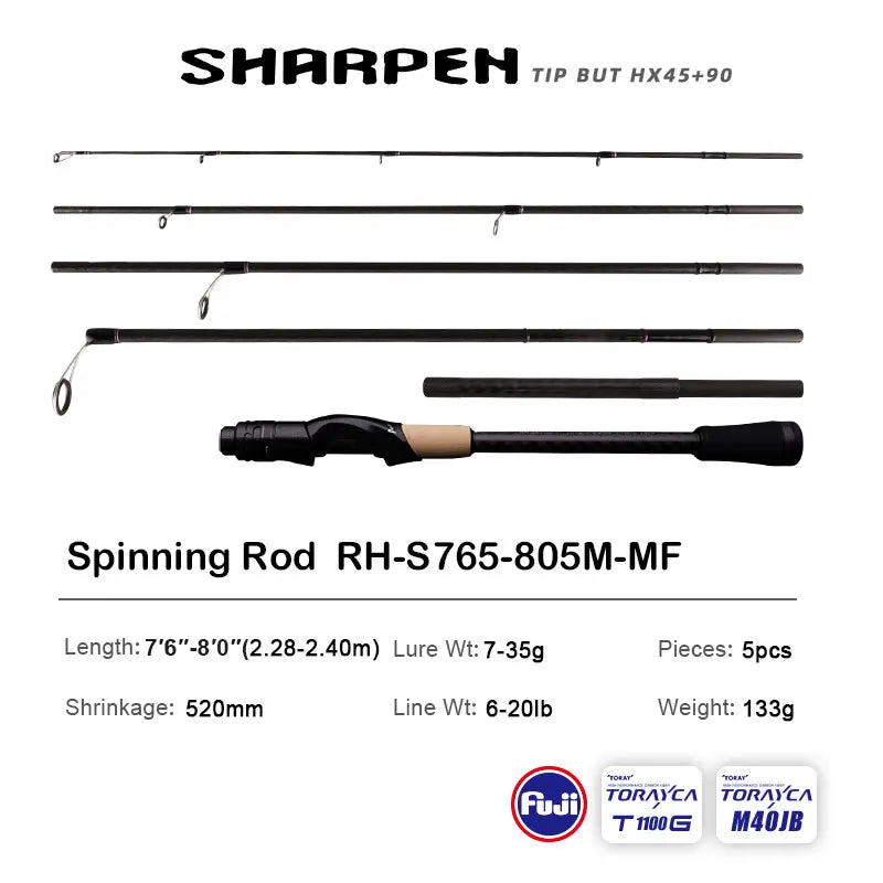 PURELURE SHARPEN Travel Soft Lure Long Spinning and Casting XF/MF Action Rods, FUJI Components- Bass, Pike Rod Fishing Rod