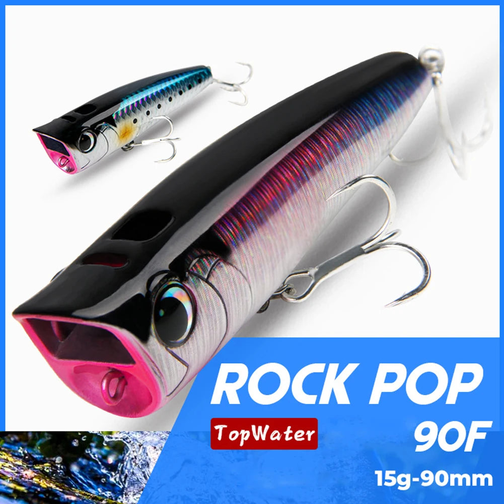 Popper Fishing Lure 90mm 15g Artificial Hard Bait with Hooks, Artificial  for Freshwater Saltwater Surface Fishing