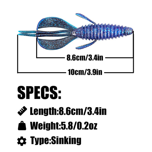 PEAK Craws Lures 6pcs 86mm Softbait for BASS! Great for Texas rigging, Carolina, Jig,or Chatterbait trailer