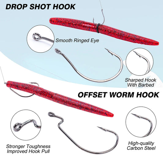 Goture-High Quality Senko-style Worm Soft Lure Set, Artificial Bait, High-Carbon Hook, 4in, 5in, 72PCs, 143PCs