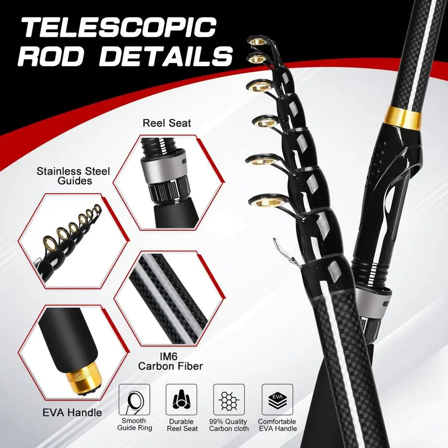 Fishing Rod and Reel Combo, 2PCS Telescopic Carbon Fiber Fishing Rod, Spinning Reels 2, Fishing Line 2, Fishing Hooks Bait Set,
