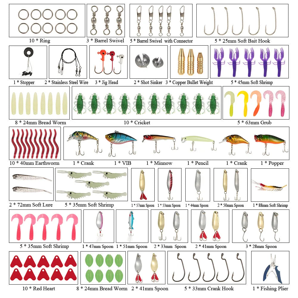 132PCS Fishing Lures/ Tackle- Mixed Hard Baits, Soft Baits, Popper, Crankbait, VIB, Topwater & Floating Fishing Lures- Hooks / Fishing Kit