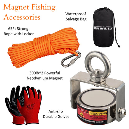 Rotatable TWO side Fishing Magnet Set140KG, 180KG, 300KG,  Heavy Duty Neodymium Rare Earth Swivel Magnet with 65Ft Cord