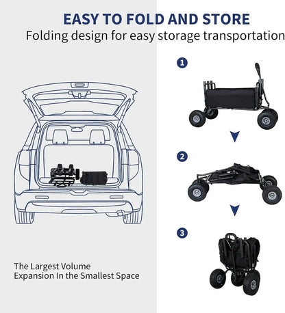 Fishing Cart Beach Cart Collapsible Wagon w/11'' All-Terrain Wheels for Sand, Heavy Duty Cart with Rod Holders