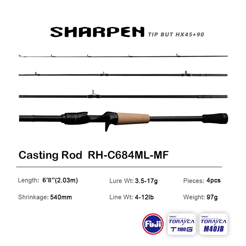 PURELURE SHARPEN Travel Soft Lure Long Spinning and Casting XF/MF Action Rods, FUJI Components- Bass, Pike Rod Fishing Rod