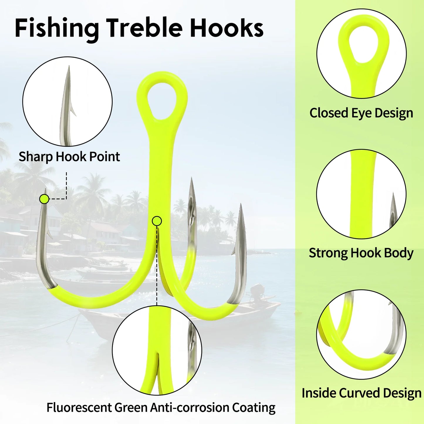 9KM 10Pcs Triple Hook Treble Hooks 2X Strong for Salt or Freshwater Applications, Fluorescent Green Ultra Violet (UV)