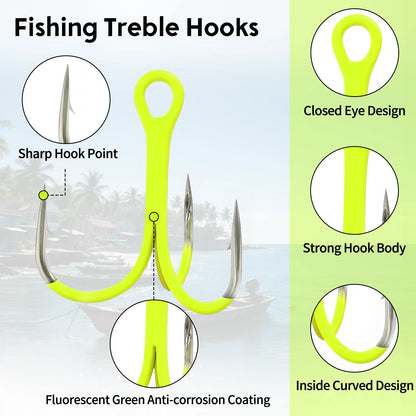 9KM 10Pcs Triple Hook Treble Hooks 2X Strong for Salt or Freshwater Applications, Fluorescent Green Ultra Violet (UV)