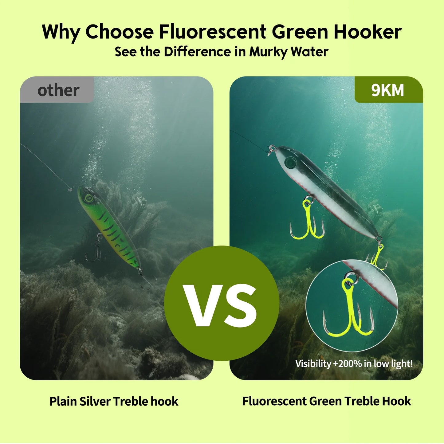 9KM 10Pcs Triple Hook Treble Hooks 2X Strong for Salt or Freshwater Applications, Fluorescent Green Ultra Violet (UV)