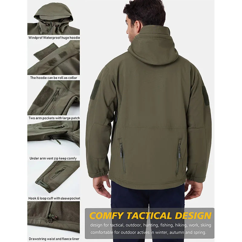 Men's Waterproof Tactical Softshell Jacket Winter Warm Fleece Hooded Coat Windproof Outdoor Sports Fishing Hiking Jacket