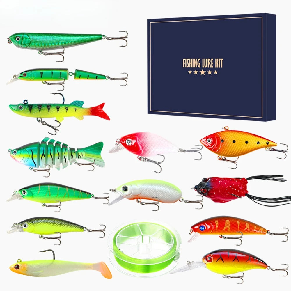 14-Piece Fishing Lure Set Gift Box, Holiday Fishing Tackle Kit with Fishing Line & Multi-Joint Pencil Lures for Anglers