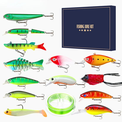 14-Piece Fishing Lure Set Gift Box, Holiday Fishing Tackle Kit with Fishing Line & Multi-Joint Pencil Lures for Anglers