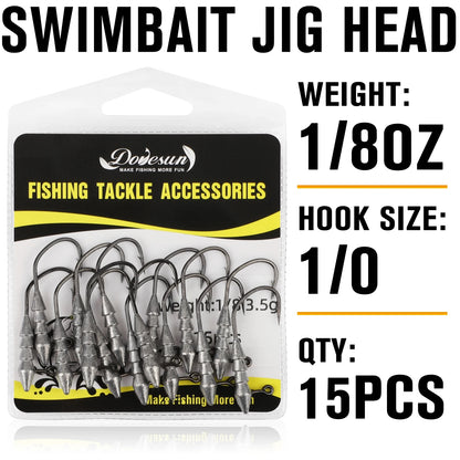 15PCS Hover Rig, Jig head, Swimbait Jig-Heads for Bass Fishing, Bass Hooks 1/0- Hover Strolling Rig Kit- Fishing Jig Heads1/16OZ, 1/8OZ