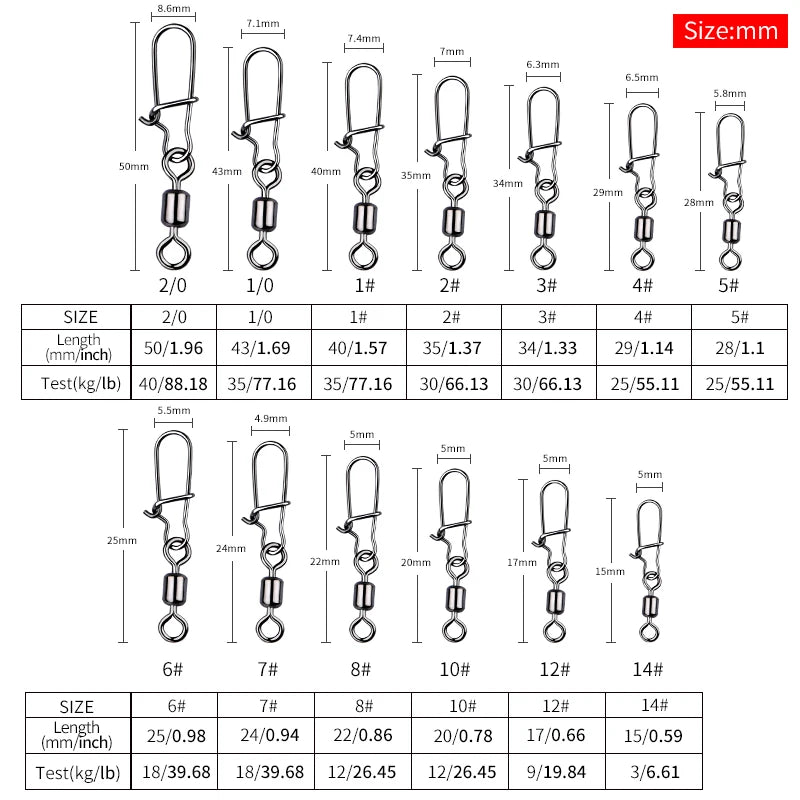 MEREDITH Fishing Connector 50PCS/Lot 2# 4# 6# 8# 10#  Bearing  Swivel, Stainless Steel With Snap