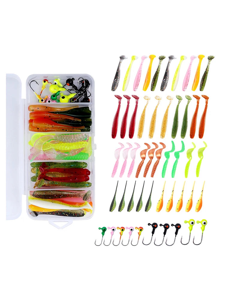 40pcs Soft Fishing Lures Kit with 10pcs Jig Head Hook Soft Bait T Tail Worm -for Carp, Pike, Zander, Bass, Trout, Walleye