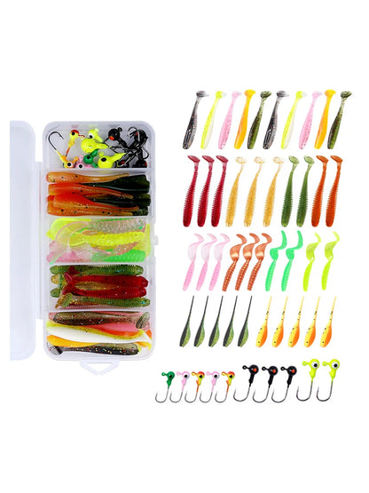 40pcs Soft Fishing Lures Kit with 10pcs Jig Head Hook Soft Bait T Tail Worm -for Carp, Pike, Zander, Bass, Trout, Walleye