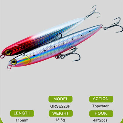 GREENSPIDER New Pencil Stick-bait - 115mm/13.5g 
TOPWATER ACTION for BASS, PIKE, MUSKY, STRIPERS, CATFISH, REDFISH, TARPON, SNOOK & other PREDATORS