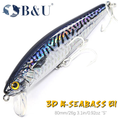 B&U 80mm Sinking Minnow / Saltwater- Long Casting Wobblers for Sea Bass and Other Predator Species
