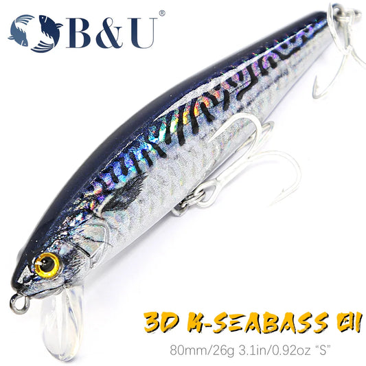 B&U 80mm Sinking Minnow / Saltwater- Long Casting Wobblers for Sea Bass and Other Predator Species
